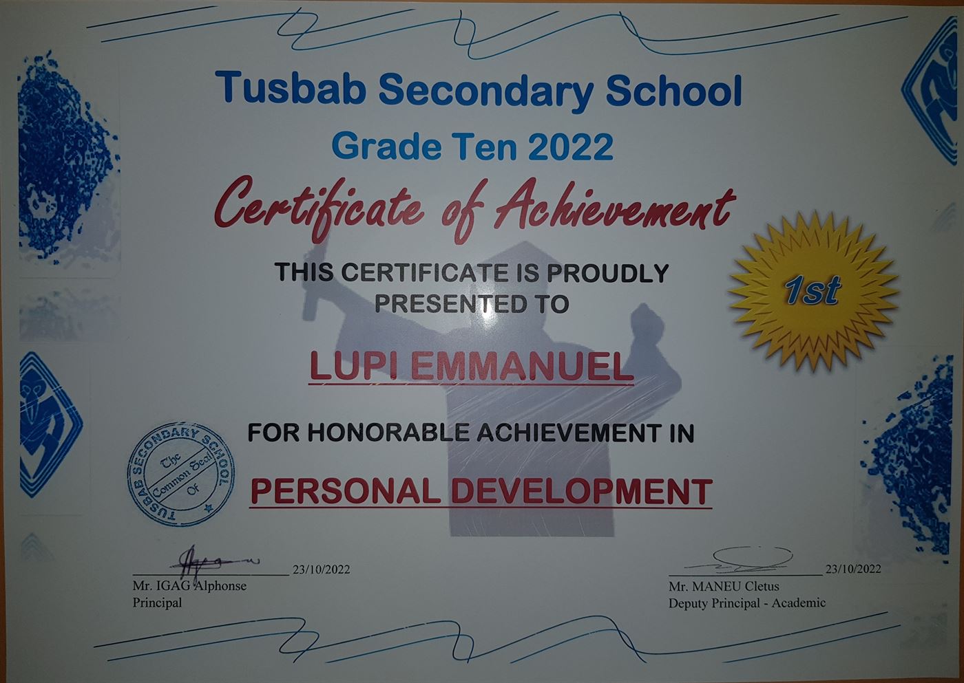 Personal development achievement award certificate
