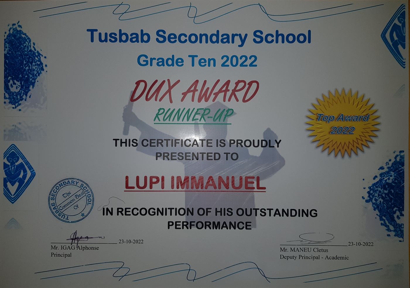 Runner-up Dux Award certificate